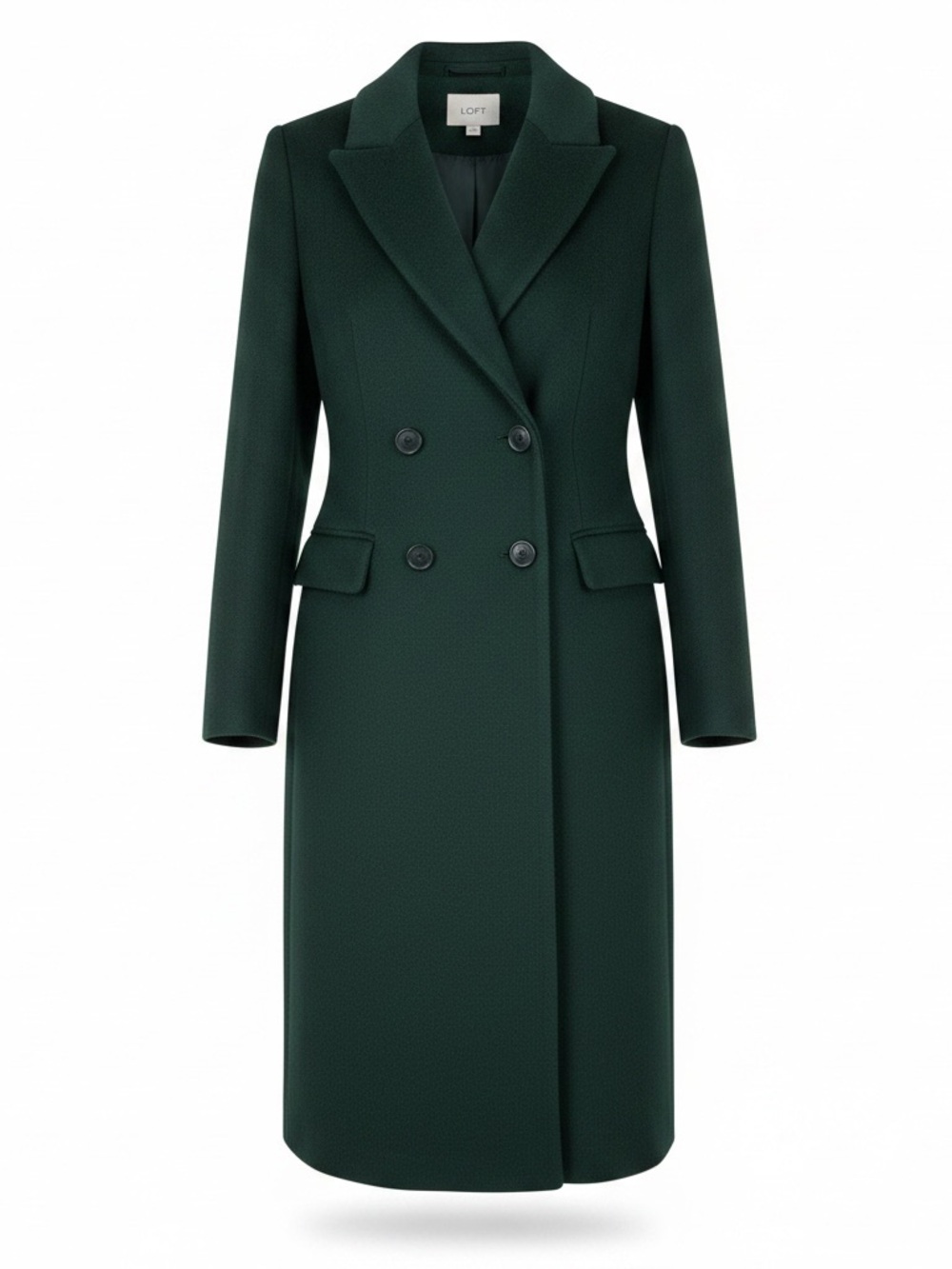 LOFT Double-Breasted Long Wool Coat in Deep Forest Green